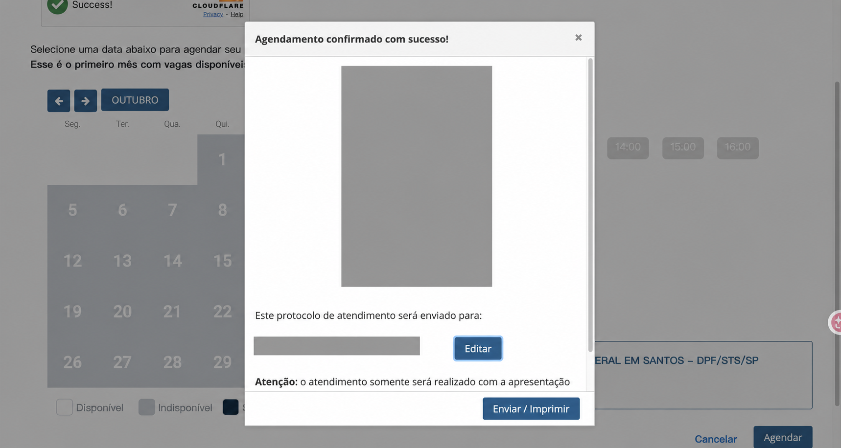 Redacted Federal Police screen confirming the October 2, 2026 appointment in Santos