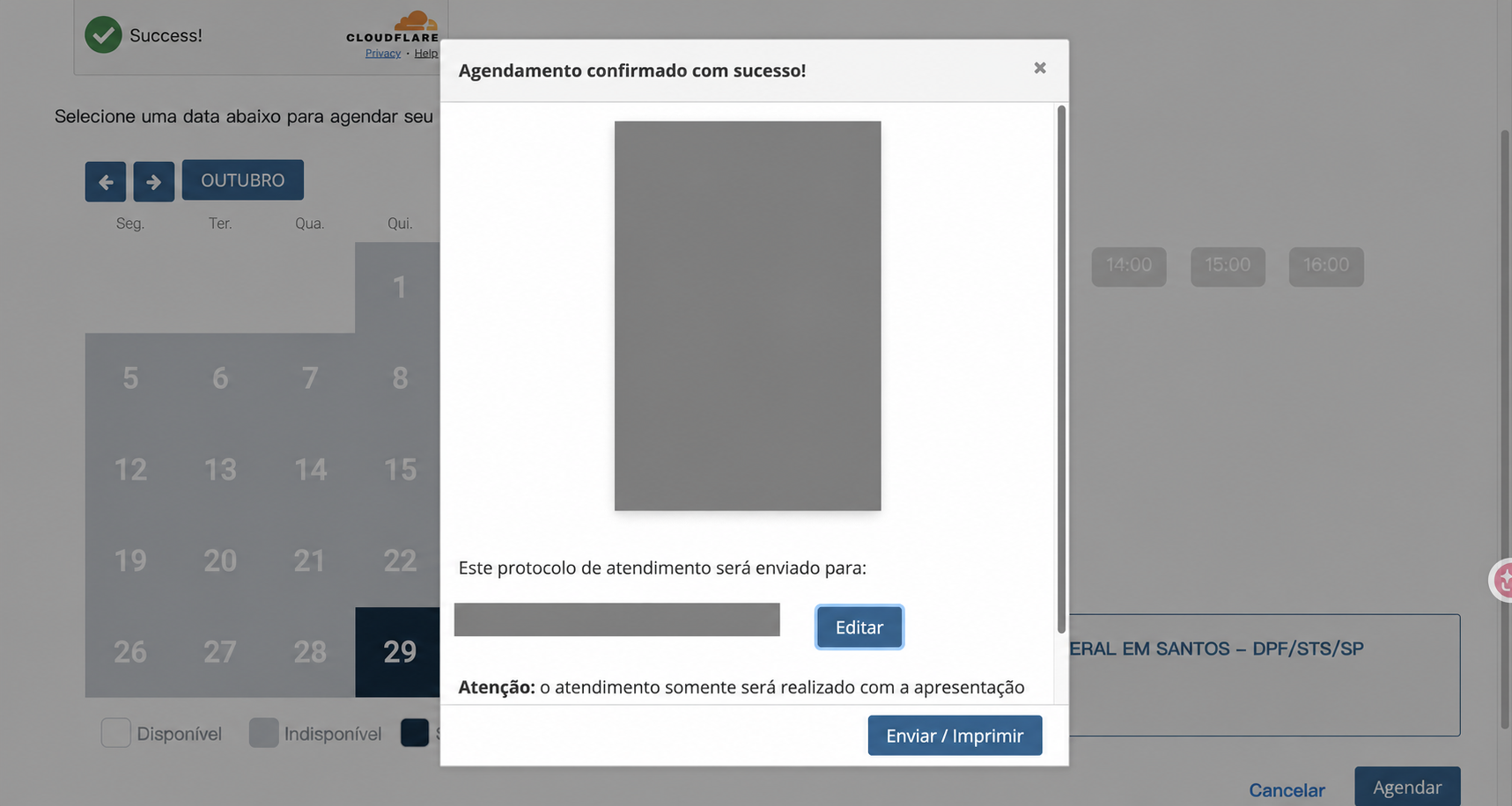 Redacted Federal Police screen confirming the October 29, 2026 appointment in Santos